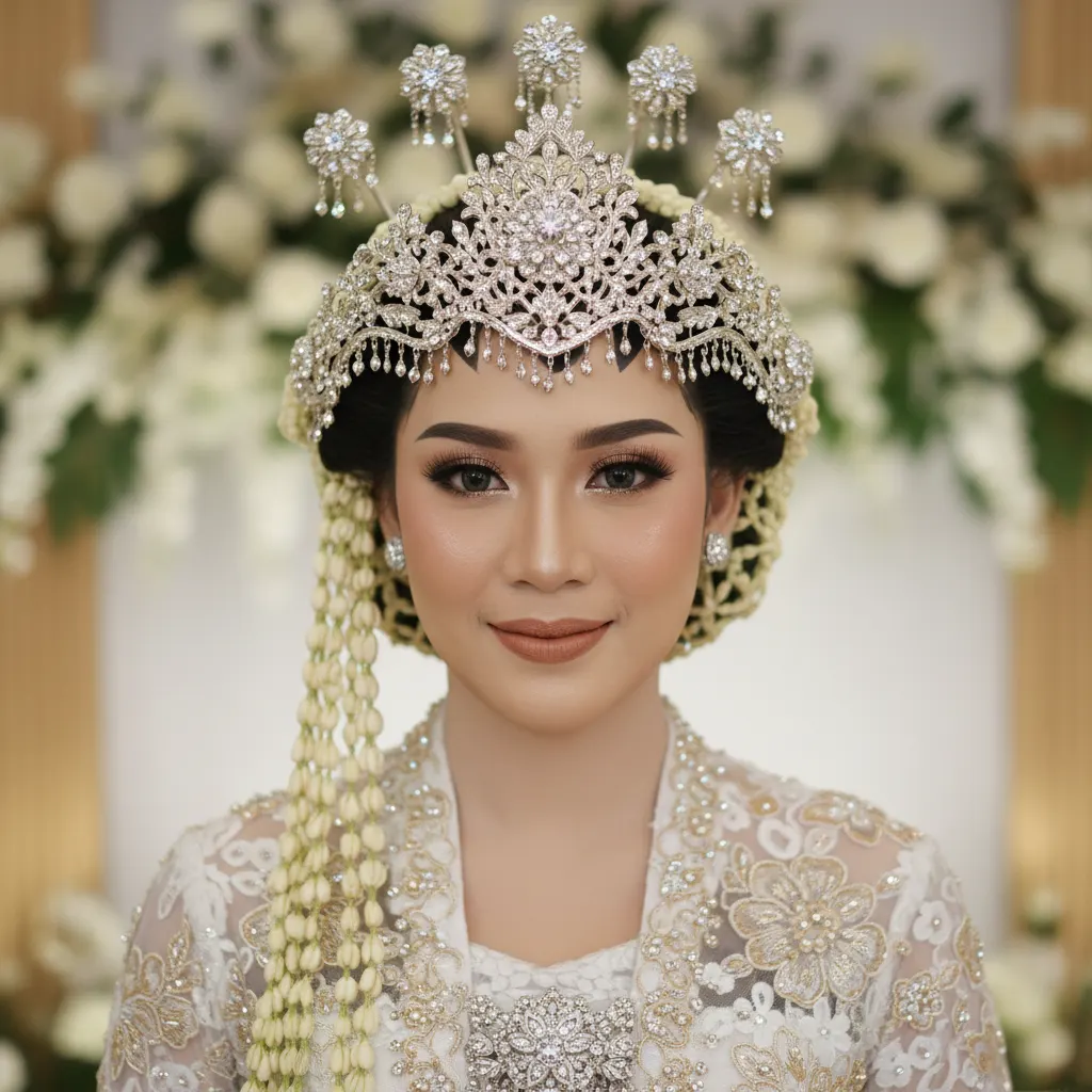 Busana pengantin Sunda dengan siger elegan dan detail rias tradisional modern.
