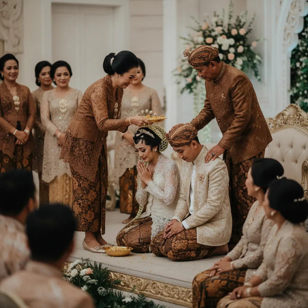 Busana pengantin Sunda siger elegan modern dengan detail aksesori tradisional dan nuansa mewah hangat