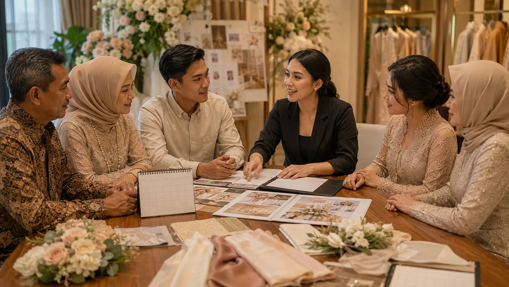 Wedding planner membantu diskusi keluarga memilih tanggal pernikahan